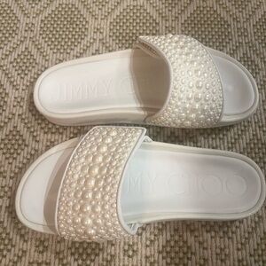 Jimmy Choo Fitz Slide White Canvas and Leather with Pearls